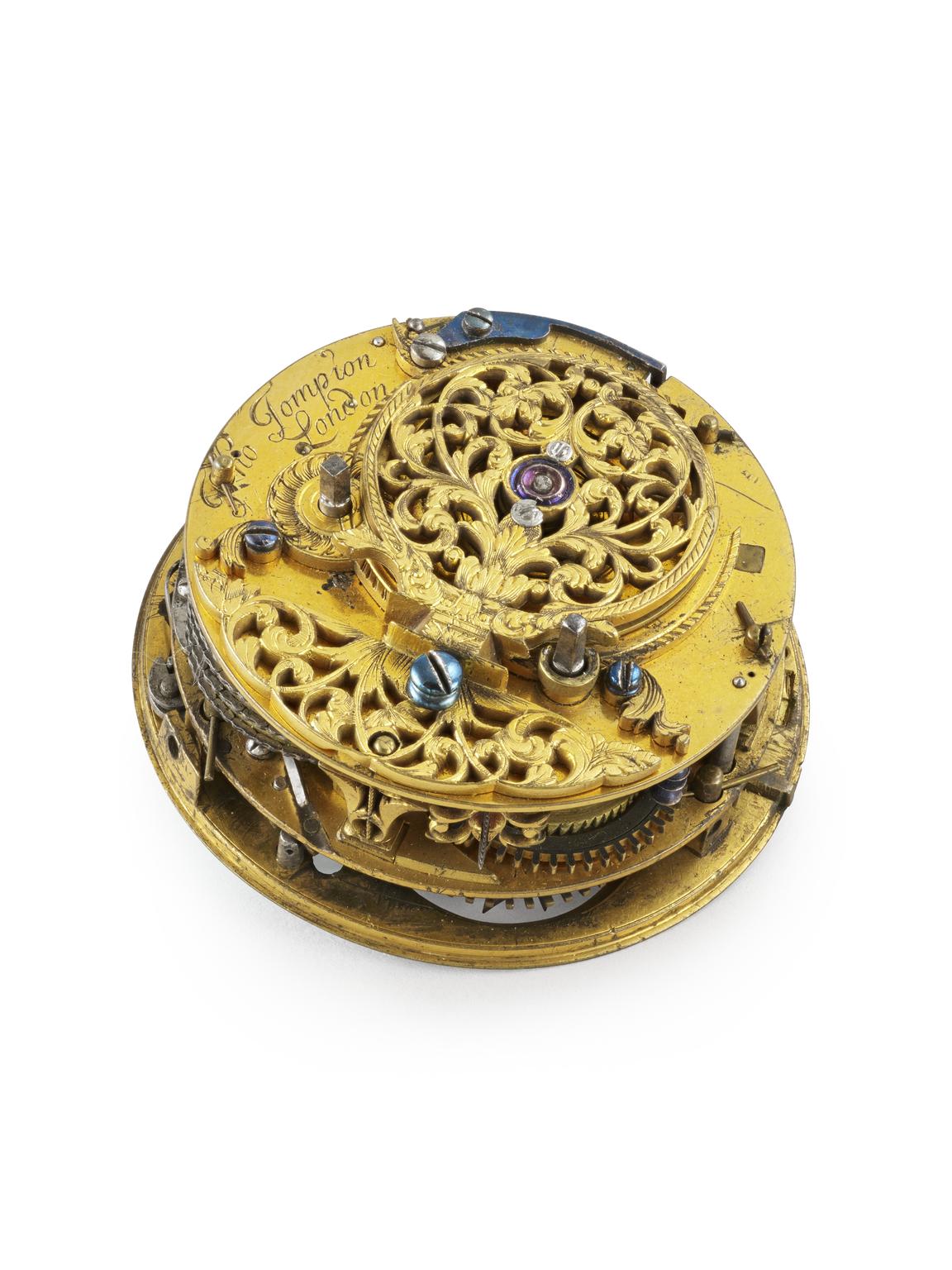 Watch movement with a quarter-repeating mechanism of early design by Thomas Tompion. (watch movement; verge escapement)