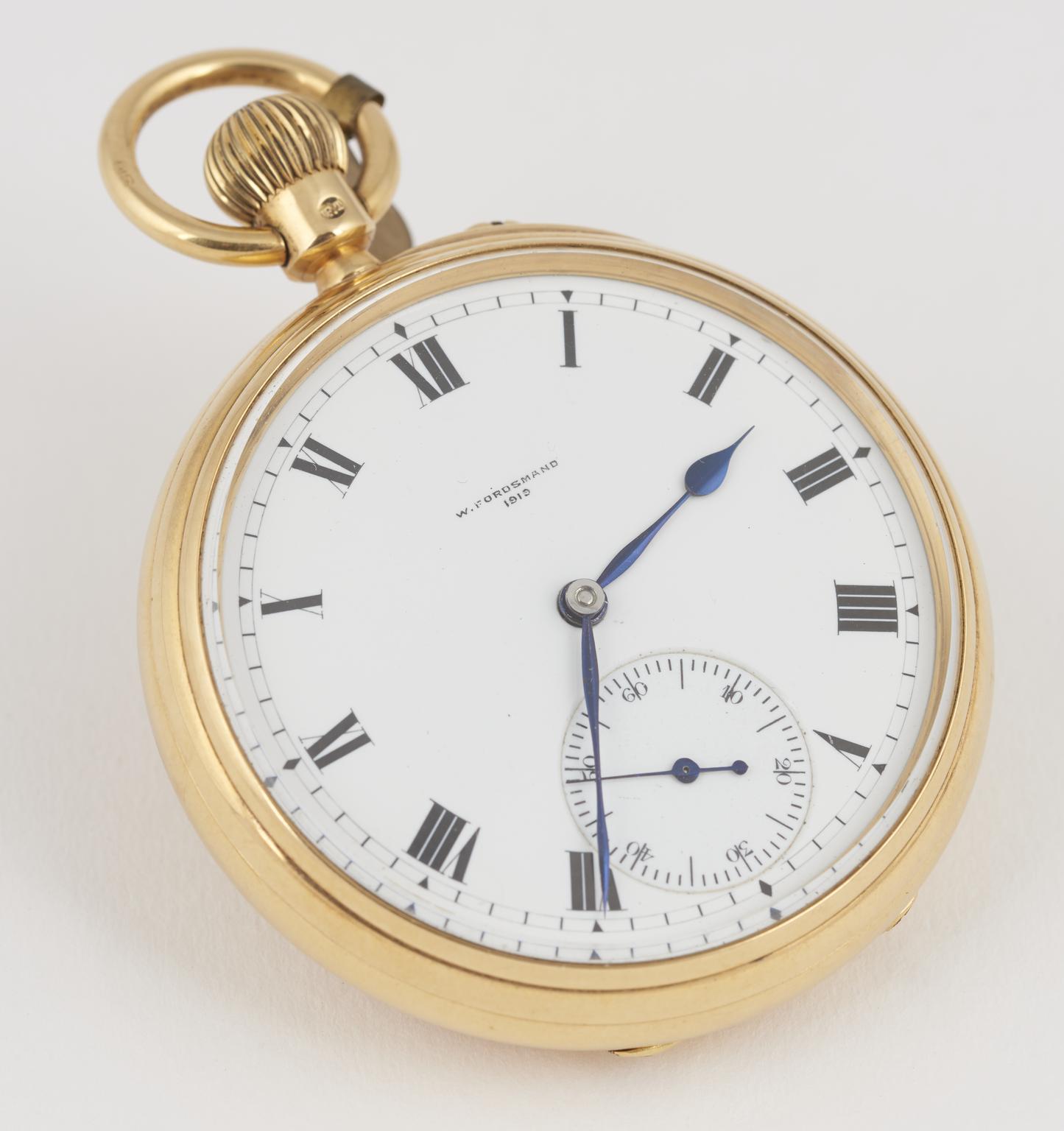 Gold Pocket Watch with Crystal Tourbillon Mechanism by Fordsmand, 1910 (pocket watch)