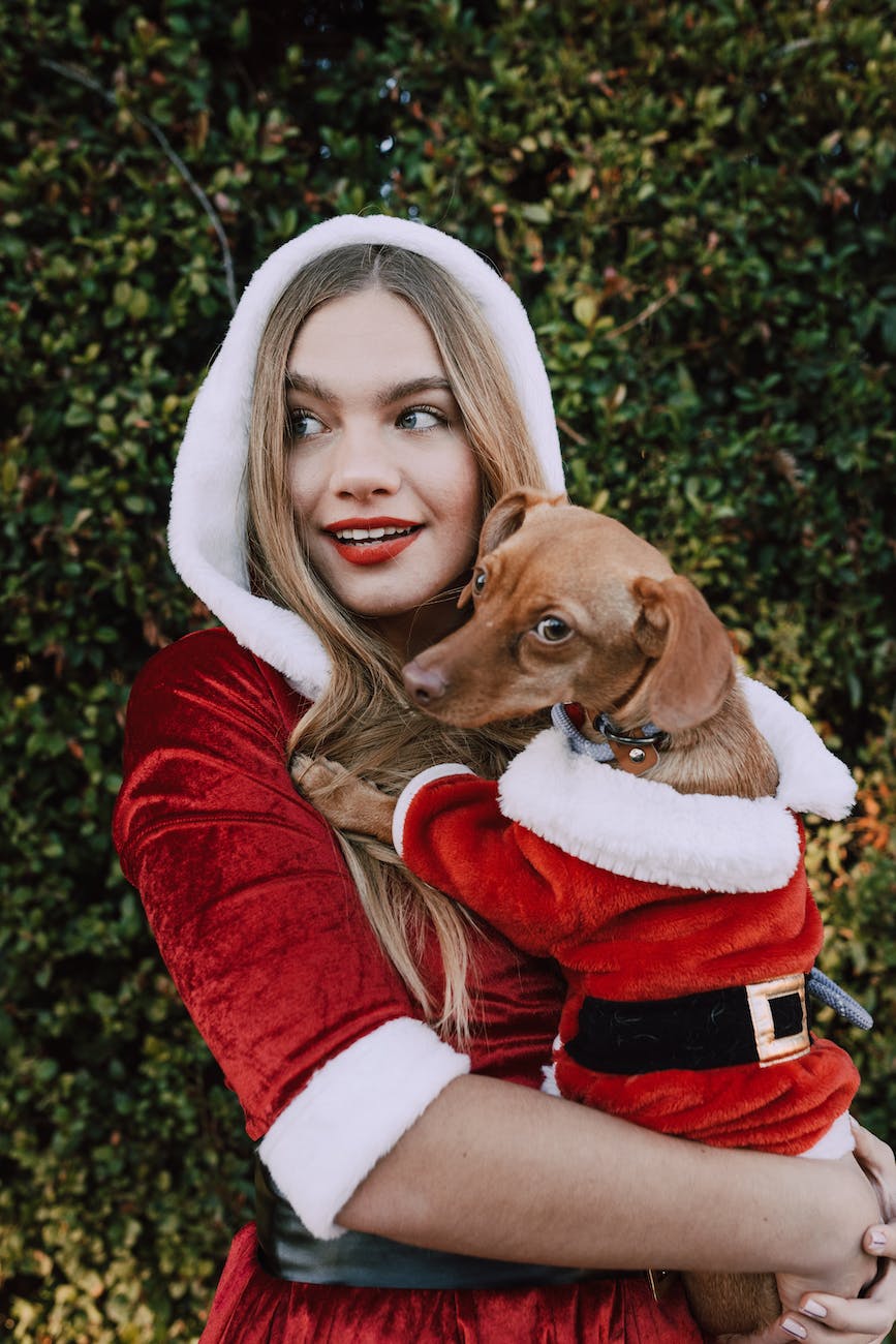 woman in santa outfit carrying her dog wearing a santa costume